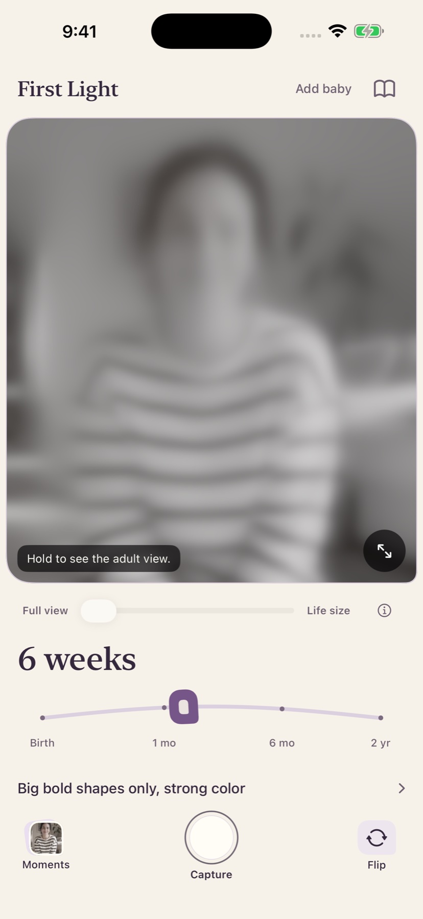 The same scene in Early Eyes’s six-week estimate, with the app’s curved age slider and plum controls.